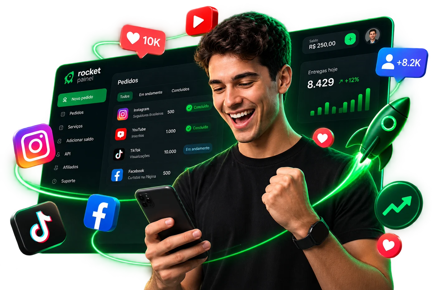 Painel de pedidos com entregas em andamento nas redes sociais